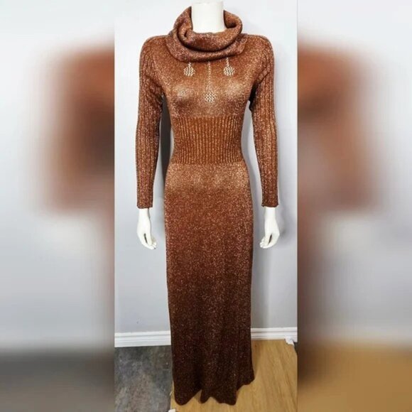 Vintage 70's Wenjilli Metallic Copper Knitted Dress - Size S - Picture 1 of 9